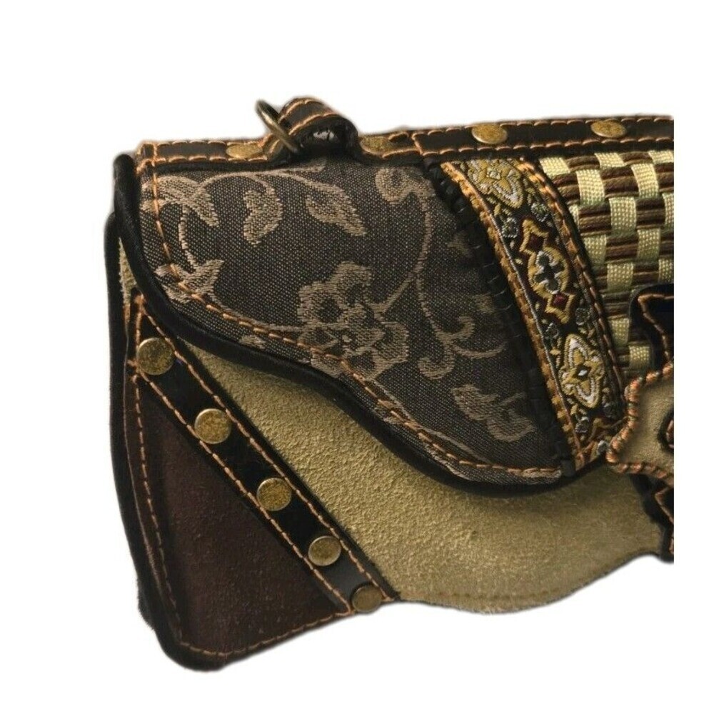 Vintage Mary Frances Suede Bag Clutch Chartreuse Brown Floral Beaded Checkered - Picture 3 of 14